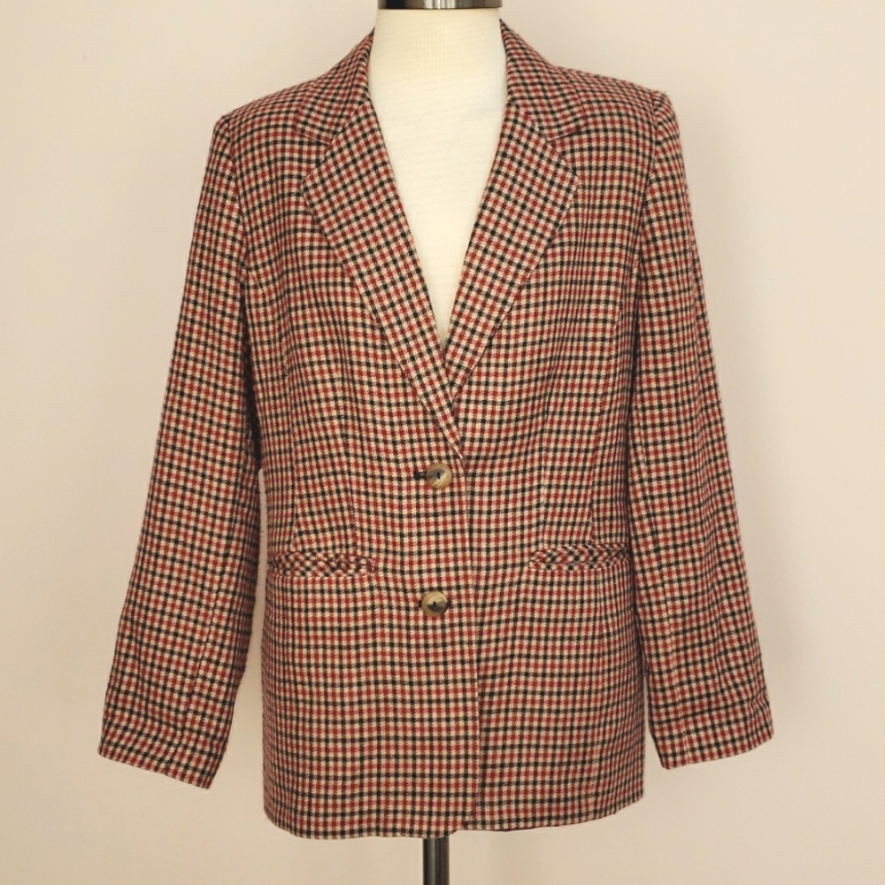 Vintage Sag Harbor Red, Black, and Tan Plaid Wool Blend Blazer, Size 8